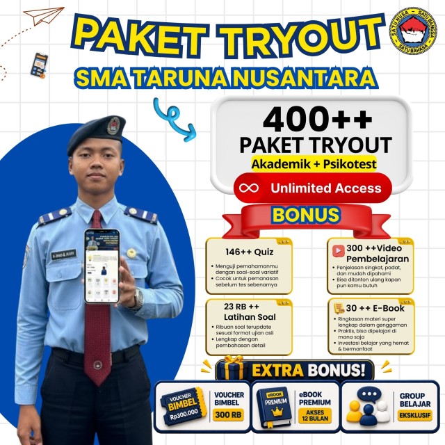 PAKET  TRYOUT TARUNA NUSANTARA 2026 SPESIAL APLIKASI CAT TARUNA NUSANTARA  12 BULAN